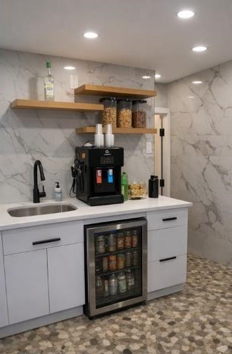 Refreshment station with drinks and snacks.