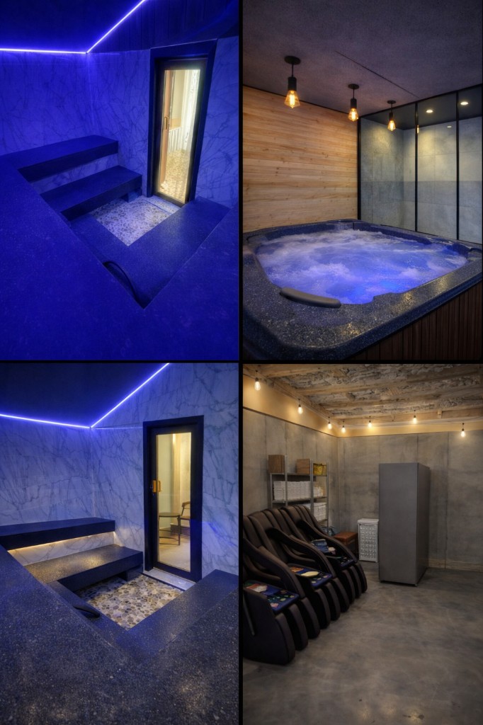 Stone-lined spa entry with soft glow.